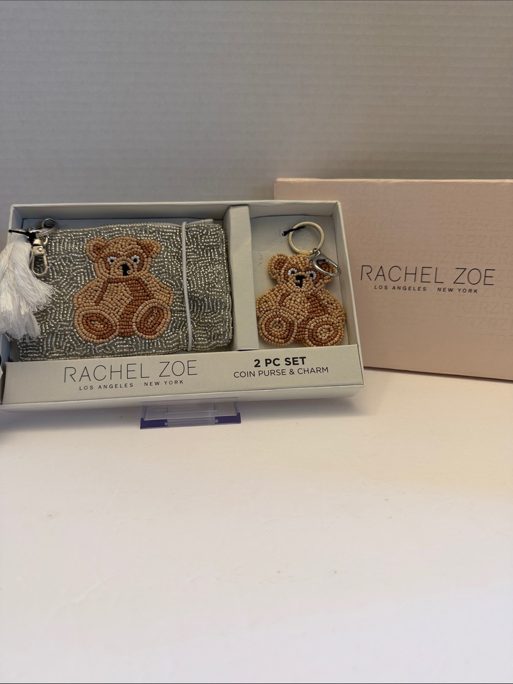 Rachel Zoe Silver Beaded Coin Purse with Tan Teddy Charm Set
